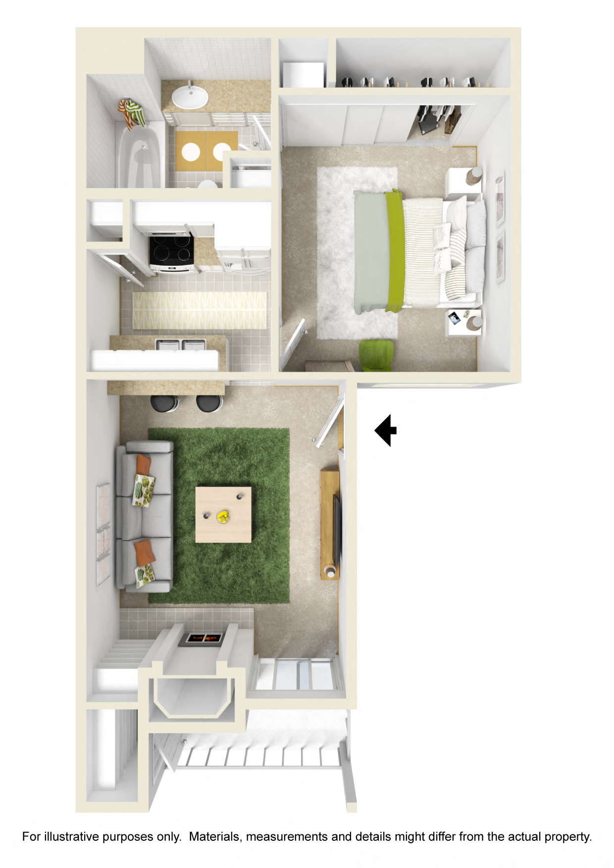 Floor plan for 1 bed, 1 bath, 506 sqft